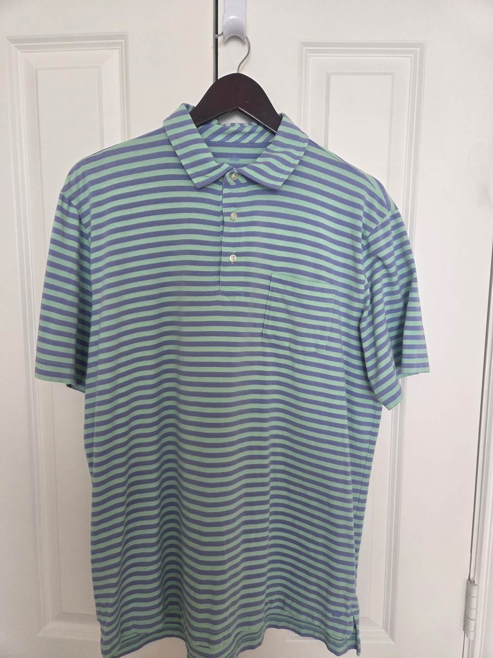 Peter Millar Striped Polo in Mint Green and Light Blue Cotton Size M